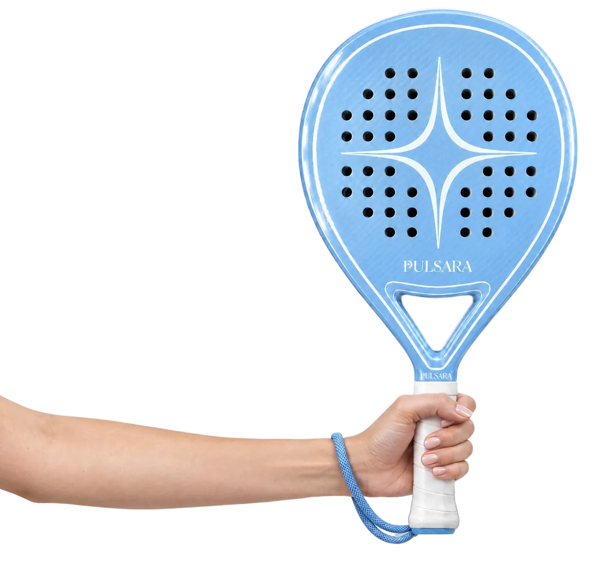 A woman’s hand holding the Pulsara racket upright