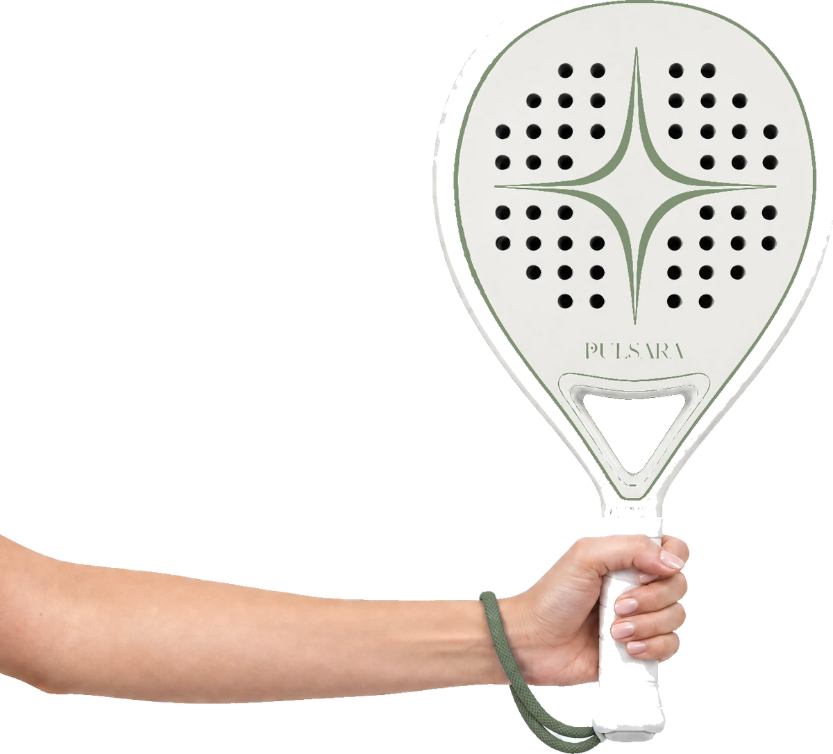 A woman’s right hand holding the Pulsara racket upright