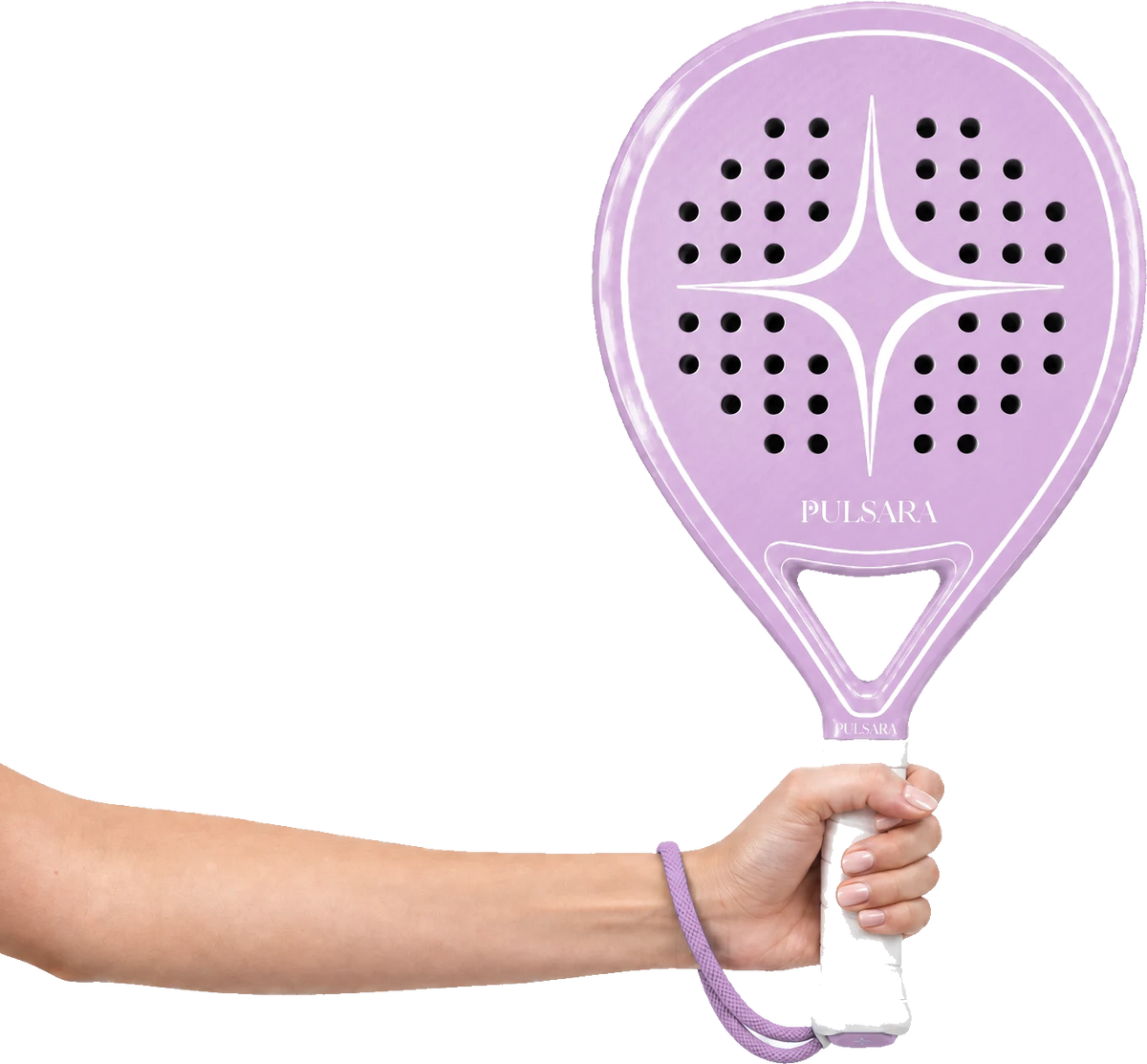 A woman’s right hand holding the Pulsara racket upright