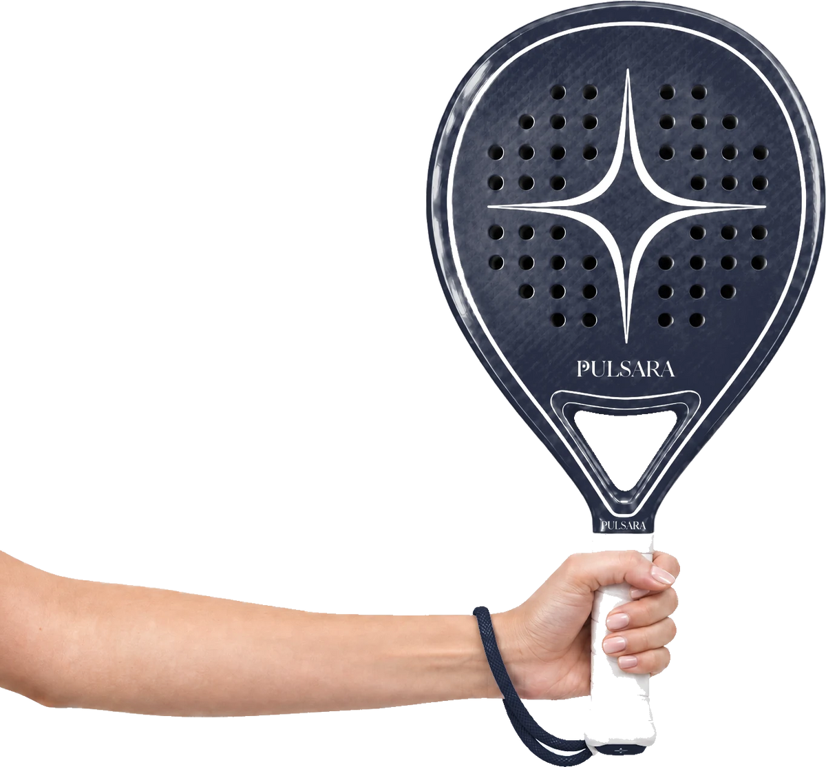 A woman’s right hand holding the Pulsara racket upright