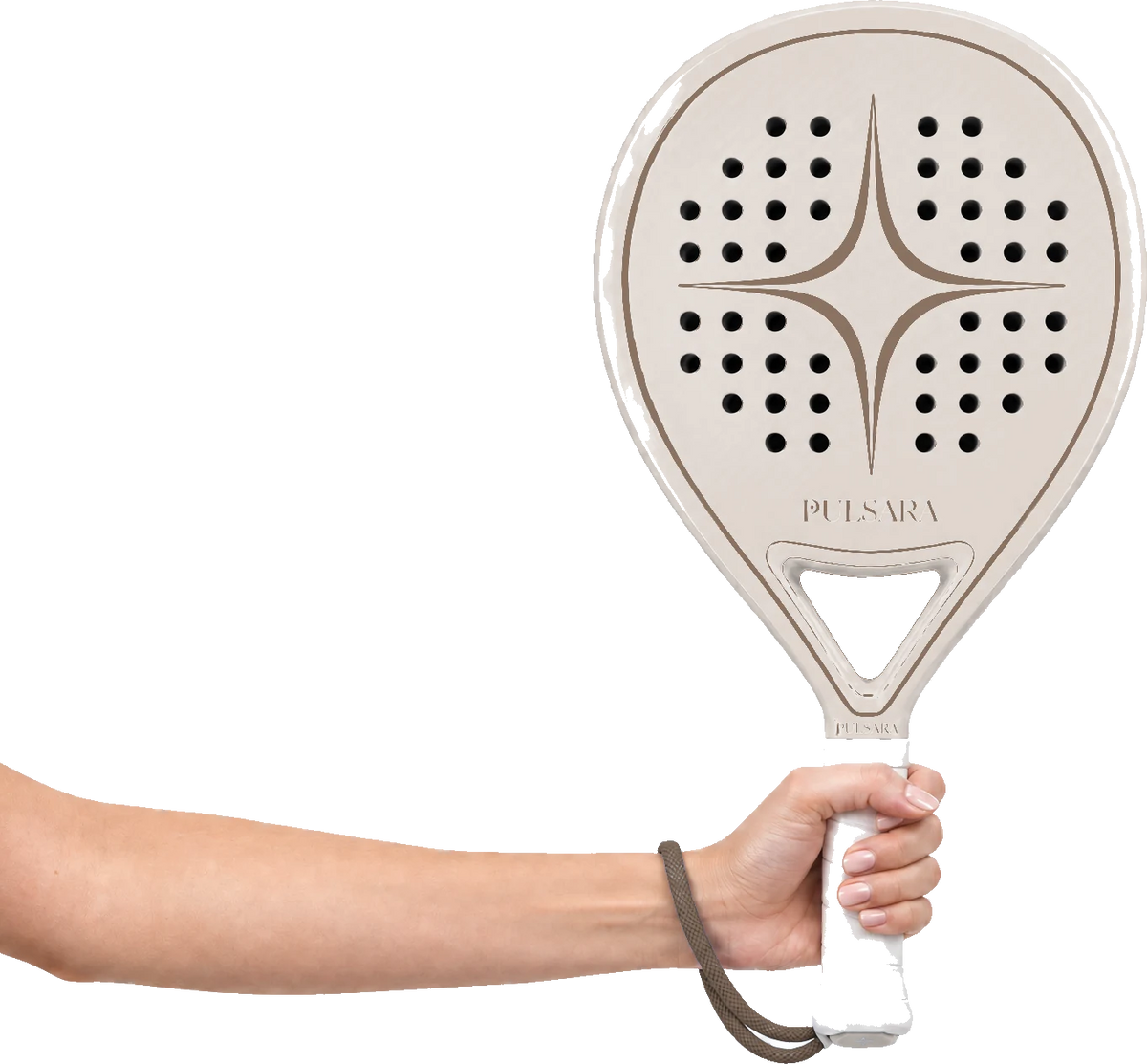 A woman’s right hand holding the Pulsara racket upright
