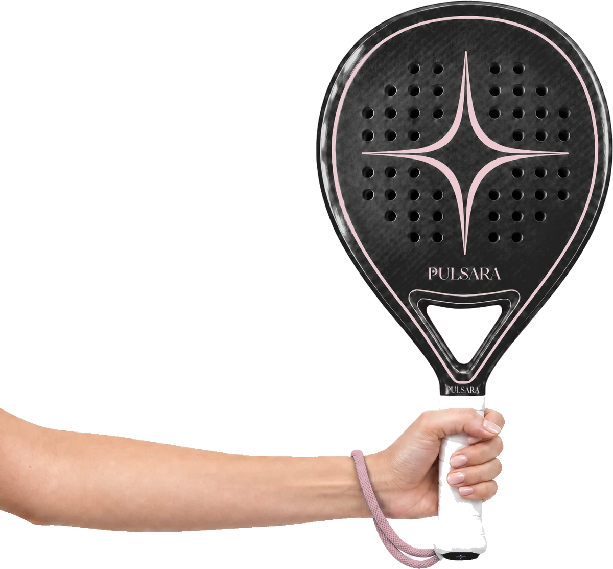 A woman’s right hand holding the Pulsara racket upright