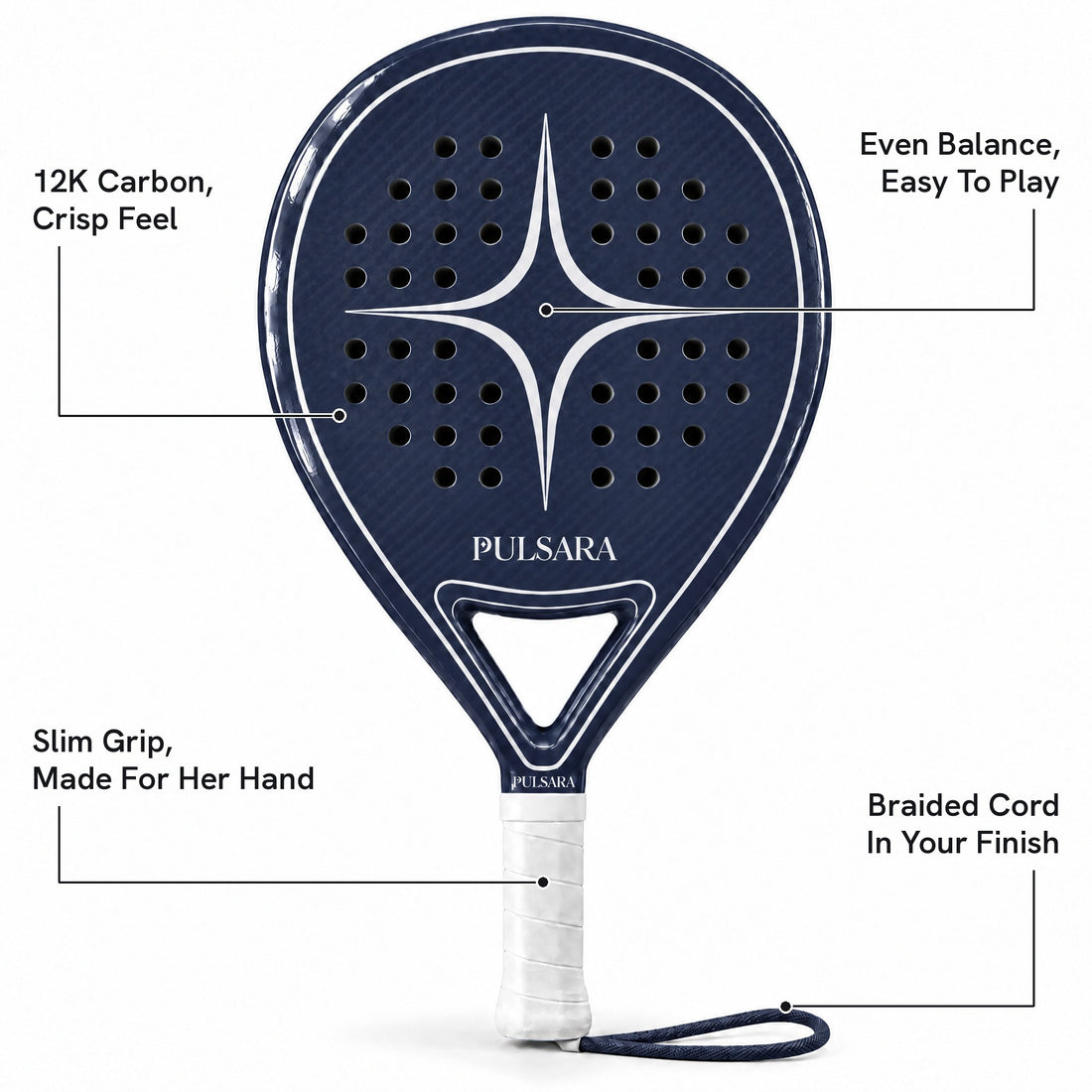 Pulsara Navy, key benefits: 12K carbon, even balance, slim grip, braided cord