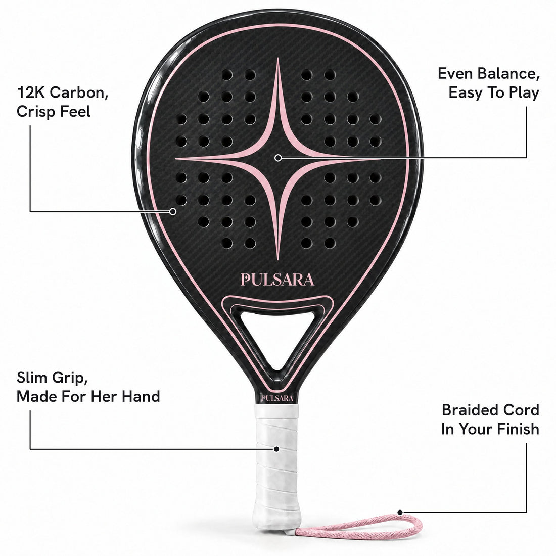 Pulsara Umbra, key benefits: 12K carbon, even balance, slim grip, braided cord